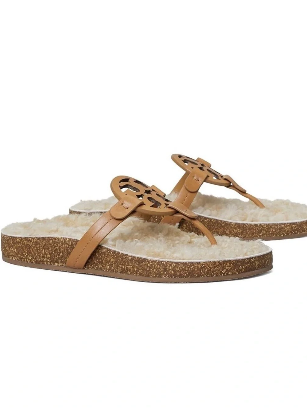 Tory Burch Miller Cloud Camel Leather Logo Shearling Thong Sandals size 7